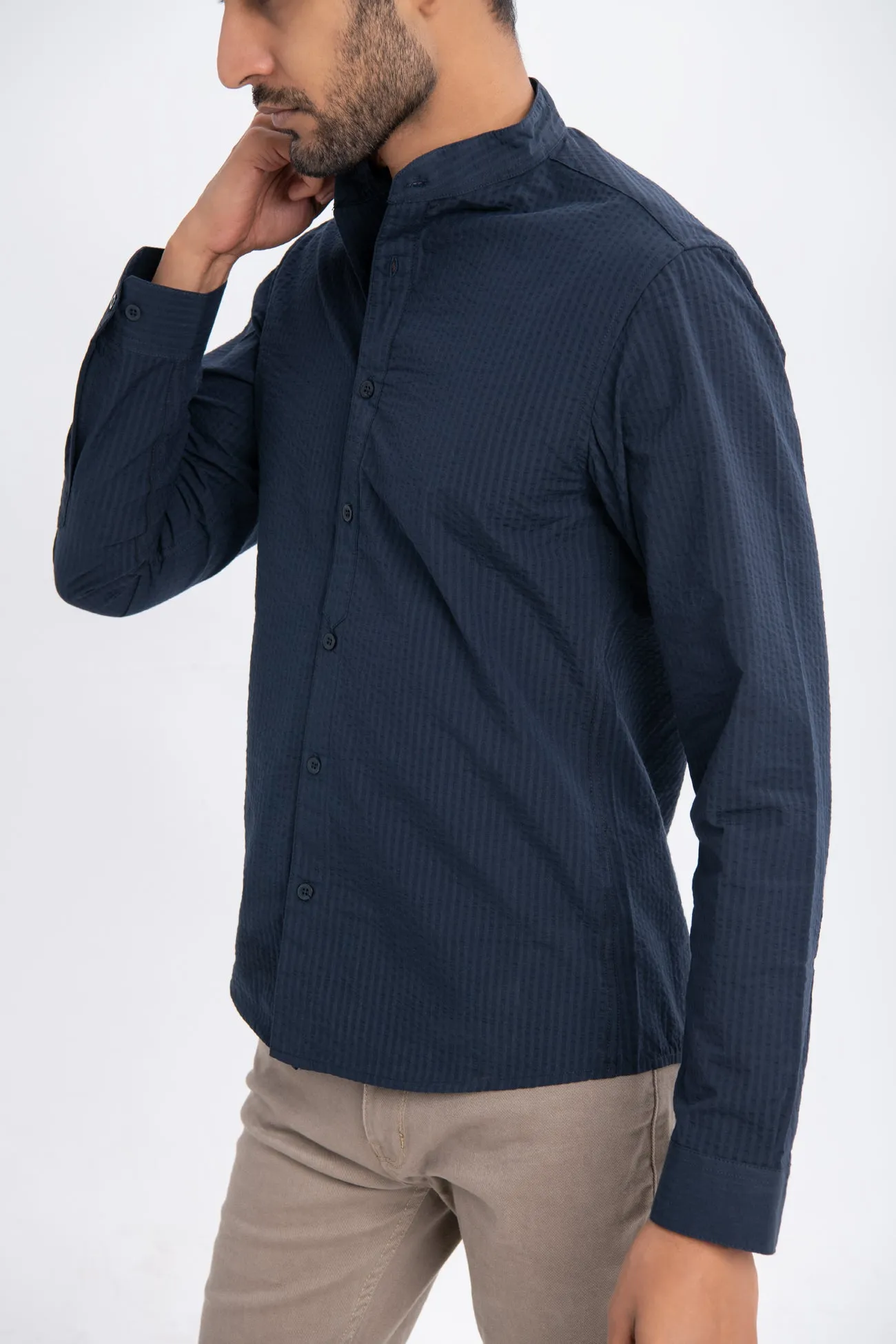 BAND COLLAR TEXTURED COTTON SHIRT