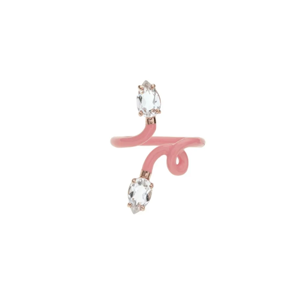 Bea Bongiasca - Double Vine Tendril Ring with Rock Crystal and Pink Enamel, Rose Gold and Silver