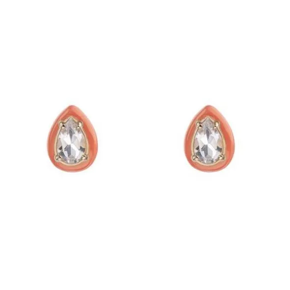 Bea Bongiasca - Gumdrop Stud Earrings with Rock Crystal and Orange Enamel, Yellow Gold and Silver