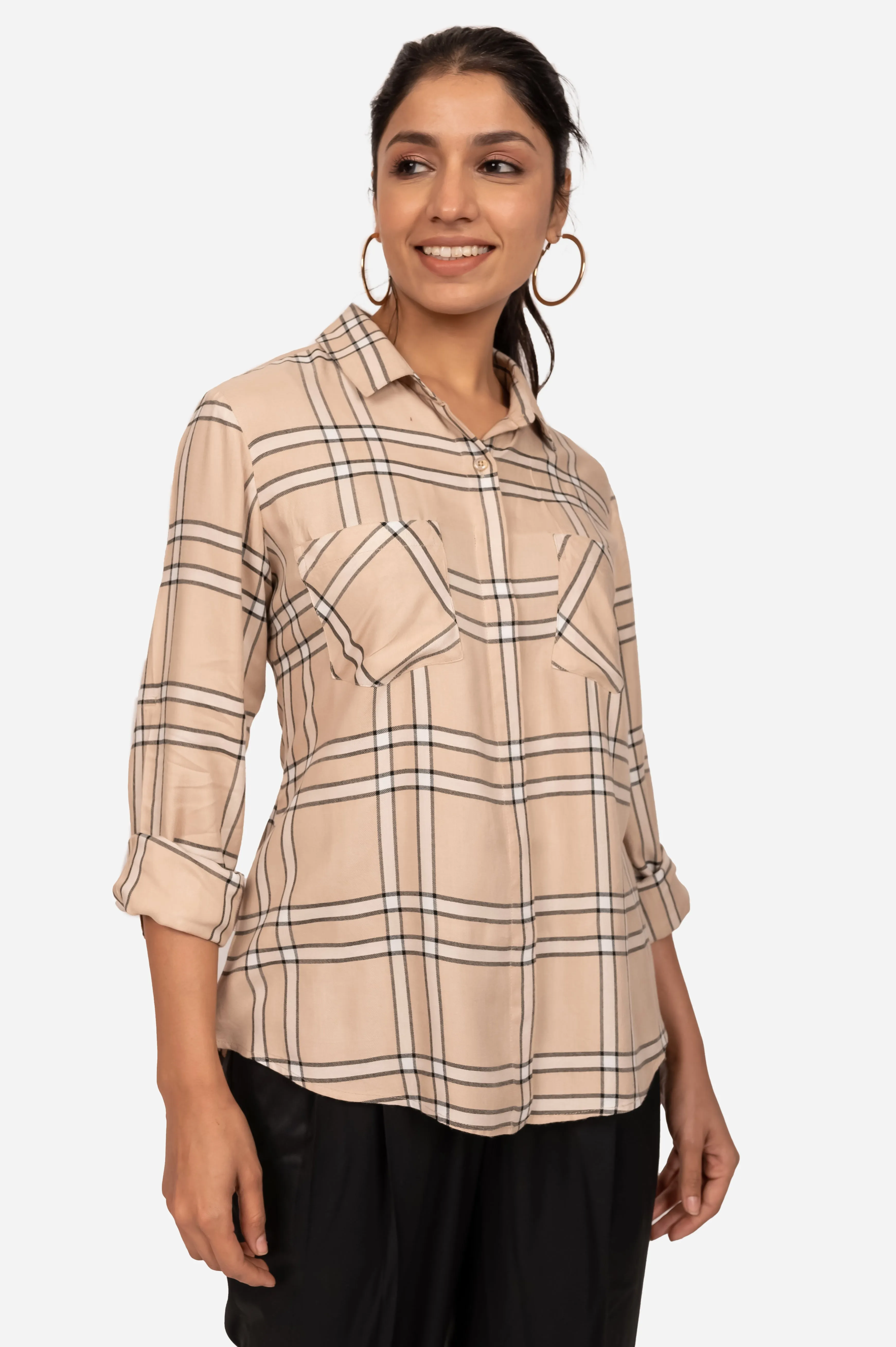 Beige & Black Checked Viscose Shirt