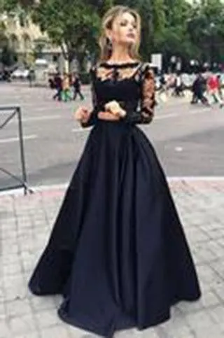 Black two pieces long sleeve prom dress A-line lace two pieces long prom dress grad dresses