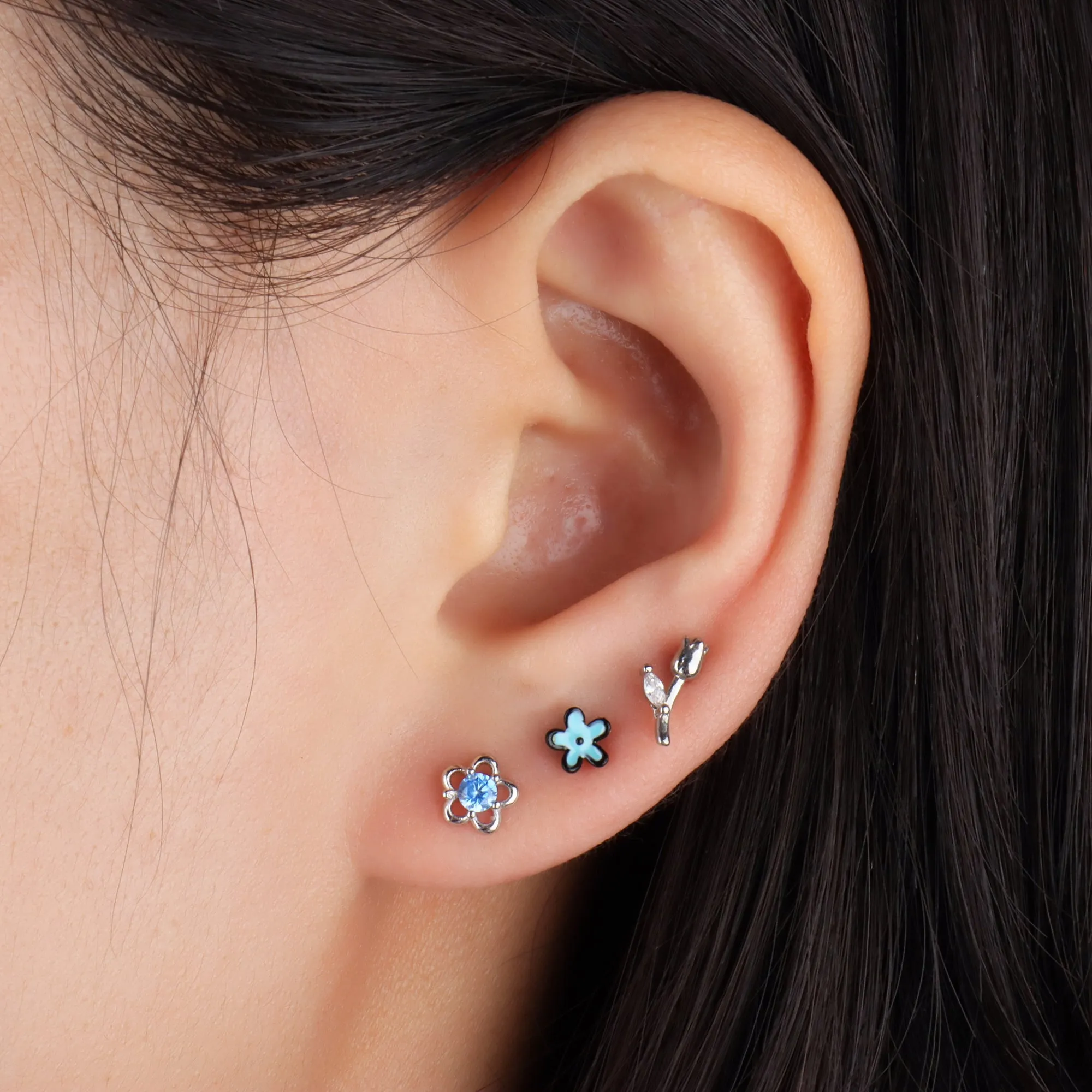 Blue Gemstone Flower Stud