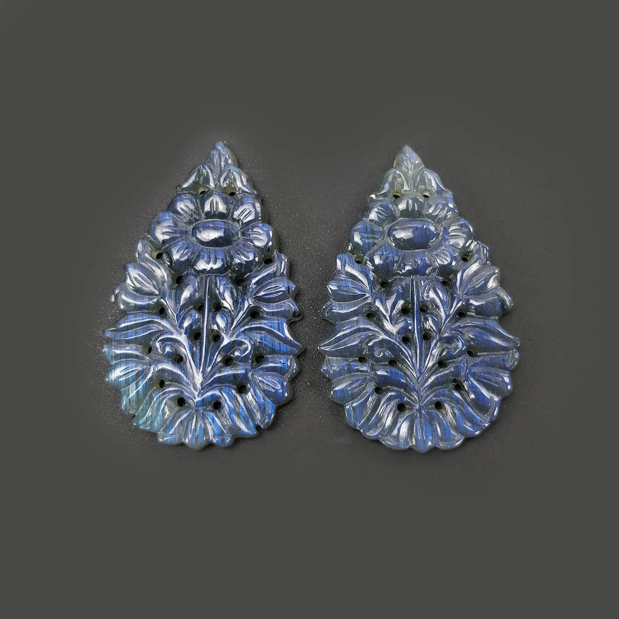 BLUE LABRADORITE Gemstone Carving : 71.30cts Natural Untreated Labradorite Gemstone Hand Carved Pear 44*28mm Pair