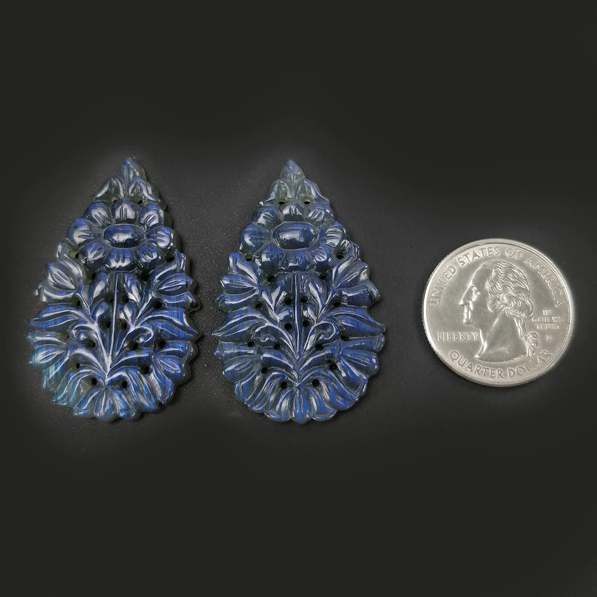 BLUE LABRADORITE Gemstone Carving : 71.30cts Natural Untreated Labradorite Gemstone Hand Carved Pear 44*28mm Pair