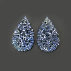 BLUE LABRADORITE Gemstone Carving : 71.30cts Natural Untreated Labradorite Gemstone Hand Carved Pear 44*28mm Pair