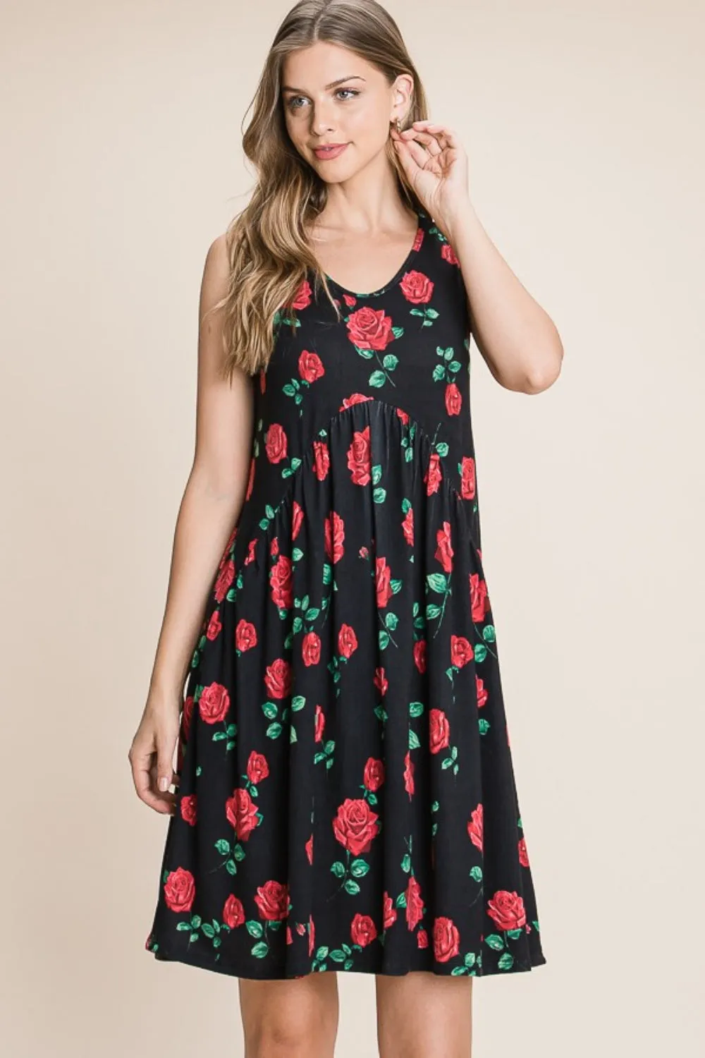 Boho Short Dress Rose Floral Ruched Tank Dress BOMBOM