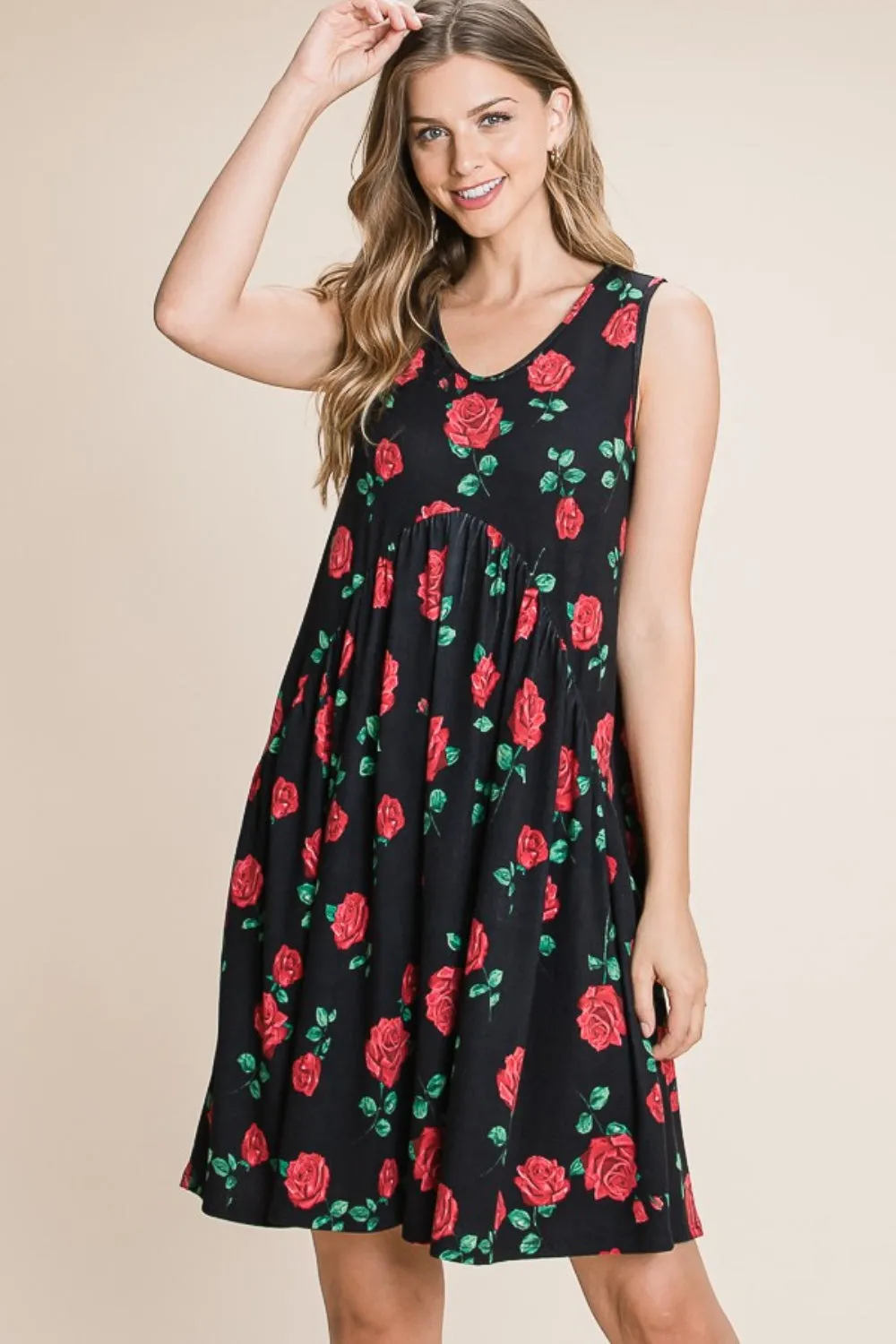 Boho Short Dress Rose Floral Ruched Tank Dress BOMBOM