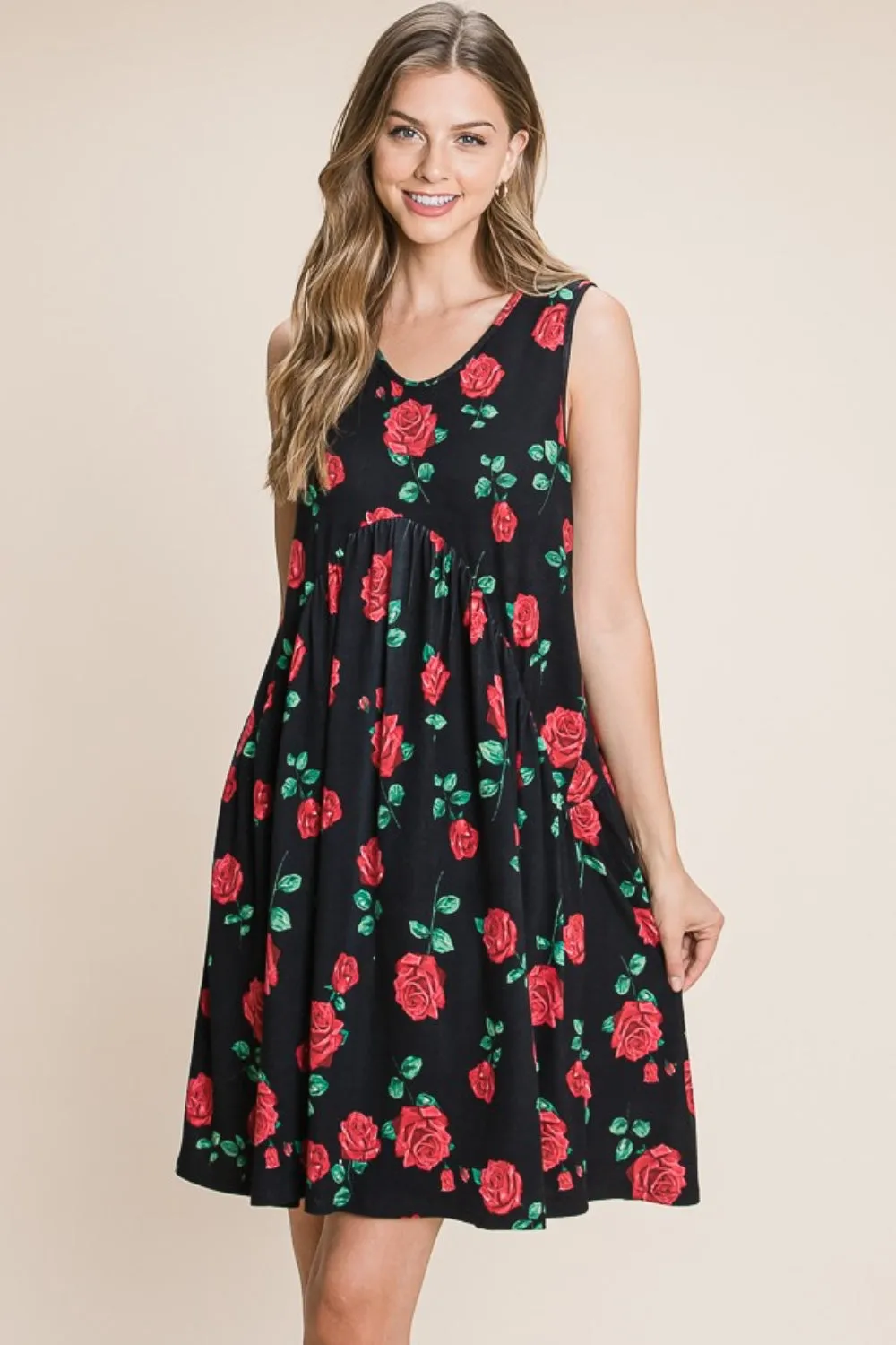 Boho Short Dress Rose Floral Ruched Tank Dress BOMBOM