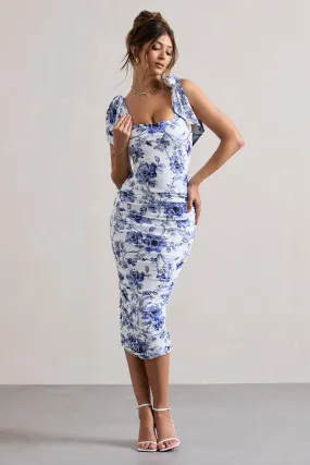 Cordelia | Floral Print Bodycon Midi Dress With Bow Straps