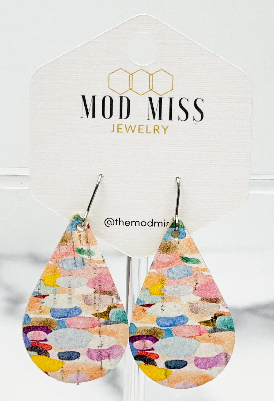 Cork Leather Teardrop Earring Confetti Rainbow