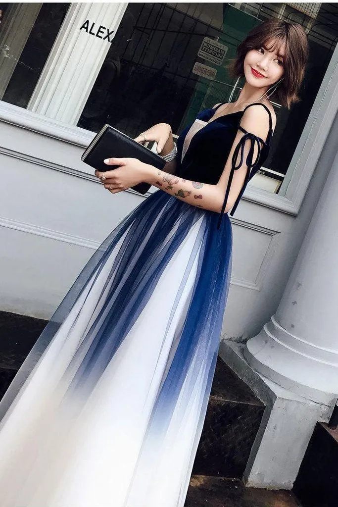 Cute Blue Ombre Long Tulle Prom Dress Unique V Neck Sleeveless Dance Dresses