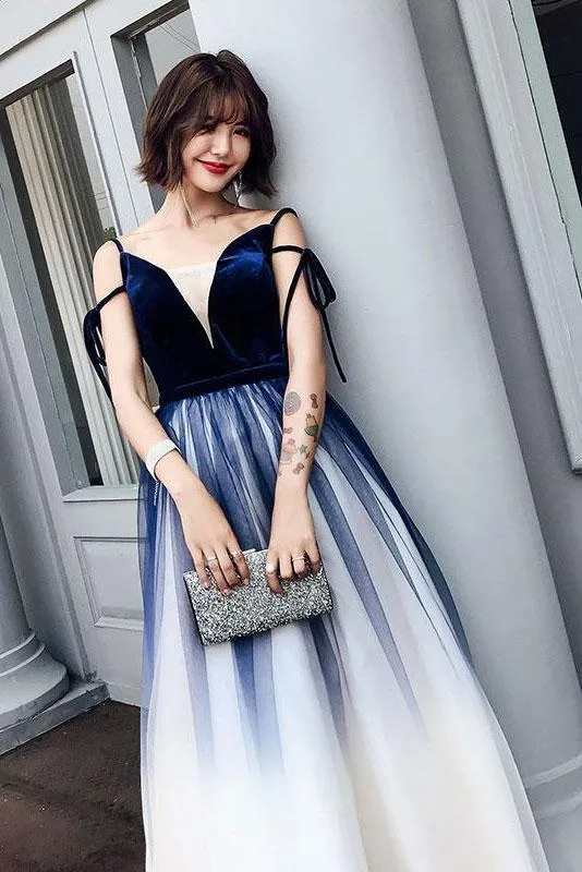 Cute Blue Ombre Long Tulle Prom Dress Unique V Neck Sleeveless Dance Dresses