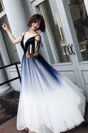 Cute Blue Ombre Long Tulle Prom Dress Unique V Neck Sleeveless Dance Dresses