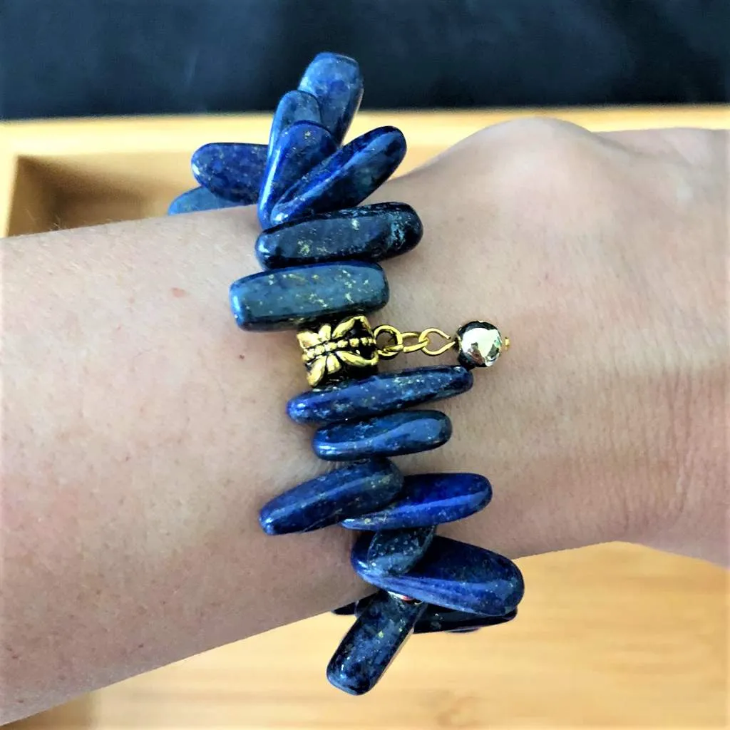 Dark Blue Stone and Gold Speckled Stick Bracelet