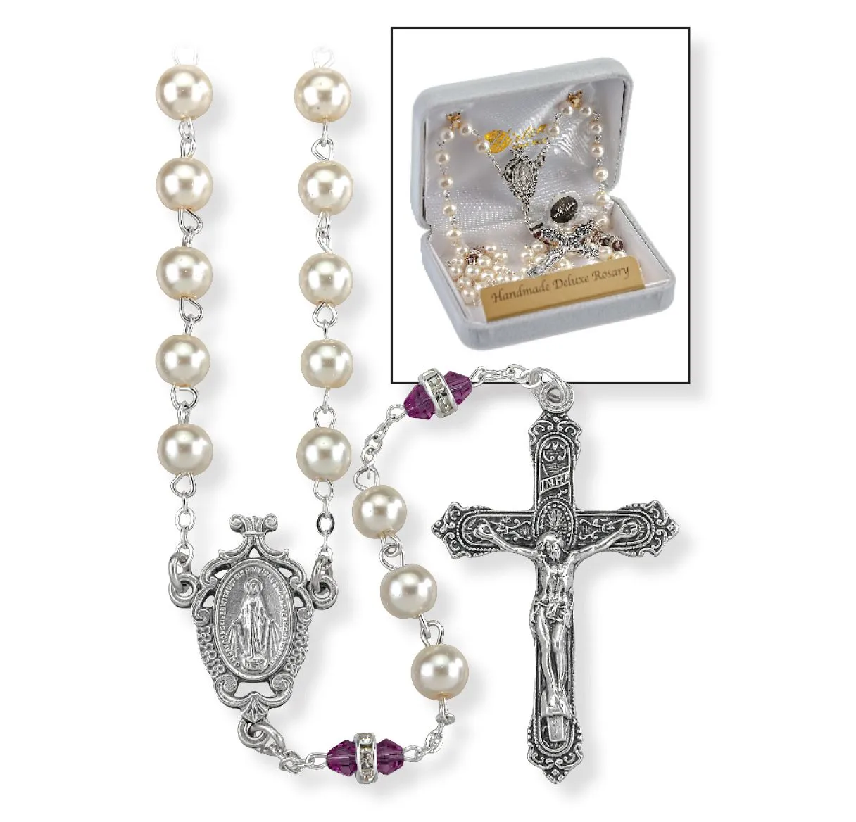 Deluxe February Birthstone Imitation Pearl Rosary