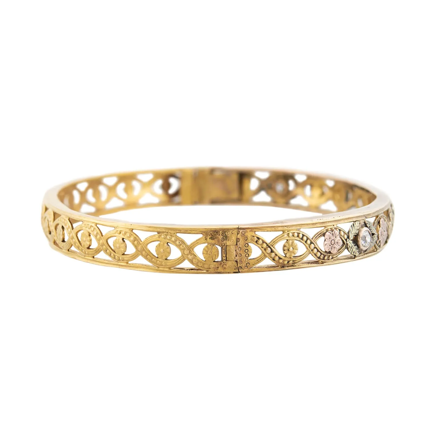 Edwardian 12k Yellow, Rose, and Green Gold Floral Diamond Bangle