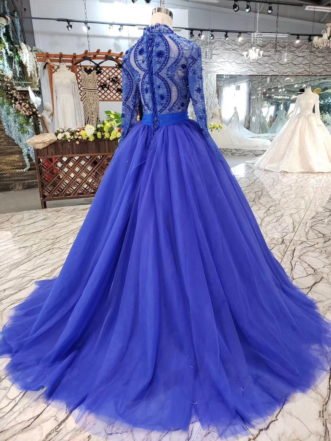 Elegant Blue Tulle Deep V Neck Long Sleeve Beads Ball Gown Prom Dresses with Lace up