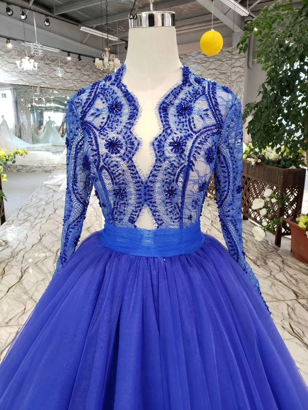 Elegant Blue Tulle Deep V Neck Long Sleeve Beads Ball Gown Prom Dresses with Lace up