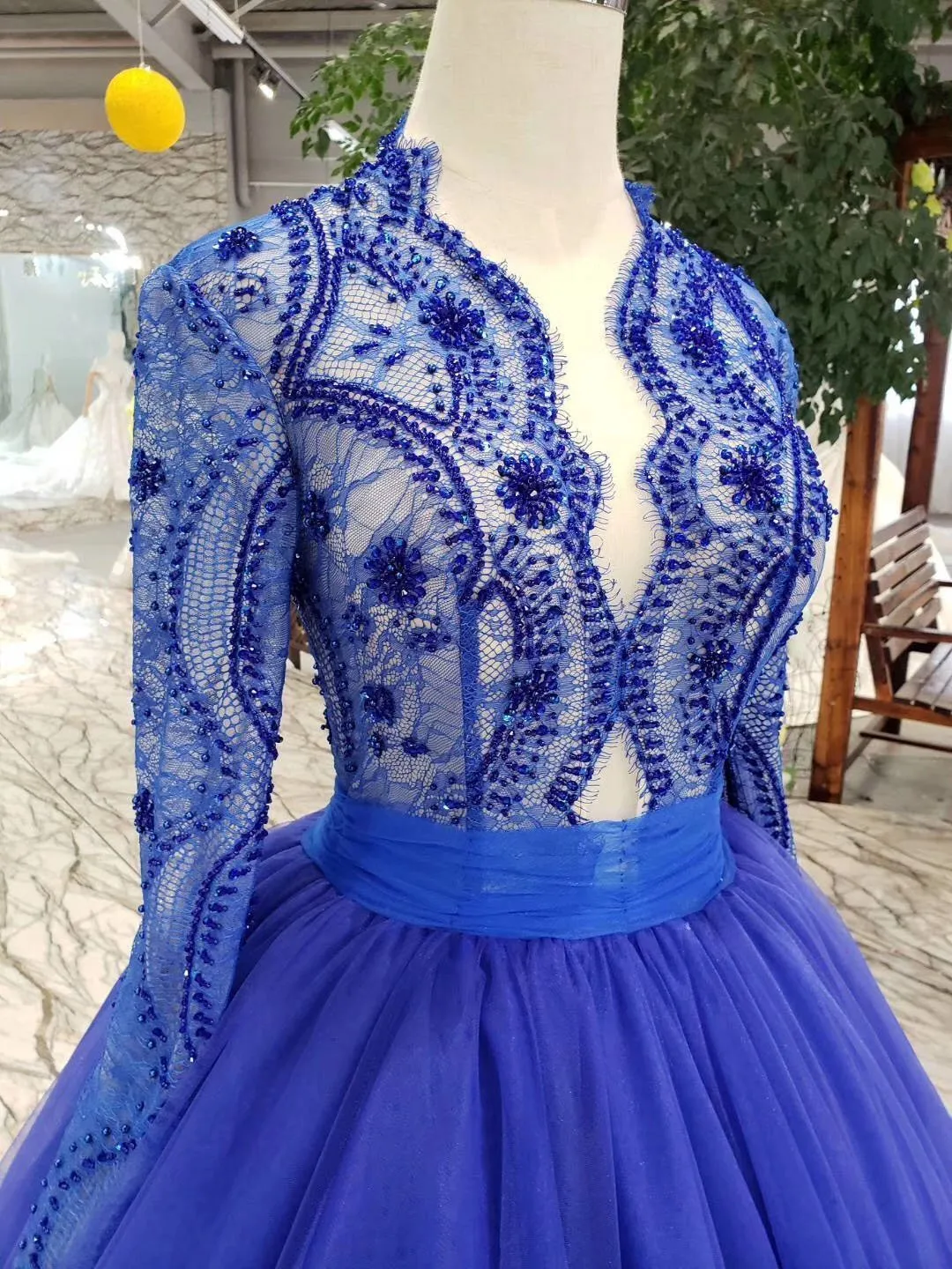 Elegant Blue Tulle Deep V Neck Long Sleeve Beads Ball Gown Prom Dresses with Lace up