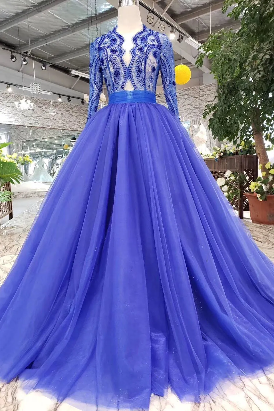 Elegant Blue Tulle Deep V Neck Long Sleeve Beads Ball Gown Prom Dresses with Lace up