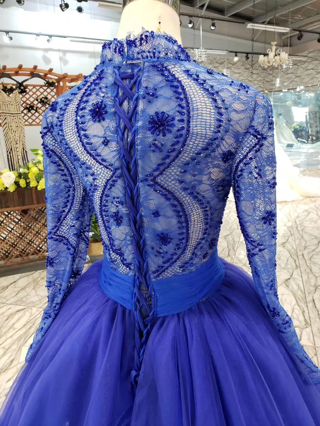 Elegant Blue Tulle Deep V Neck Long Sleeve Beads Ball Gown Prom Dresses with Lace up