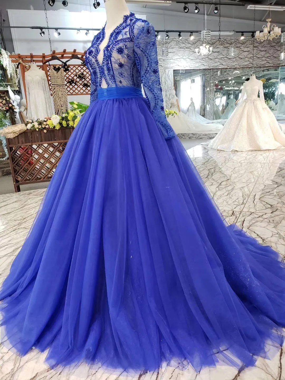 Elegant Blue Tulle Deep V Neck Long Sleeve Beads Ball Gown Prom Dresses with Lace up