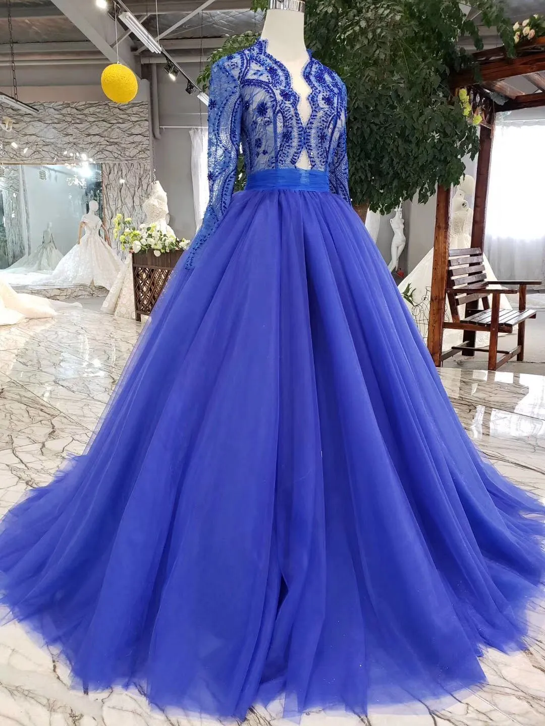 Elegant Blue Tulle Deep V Neck Long Sleeve Beads Ball Gown Prom Dresses with Lace up