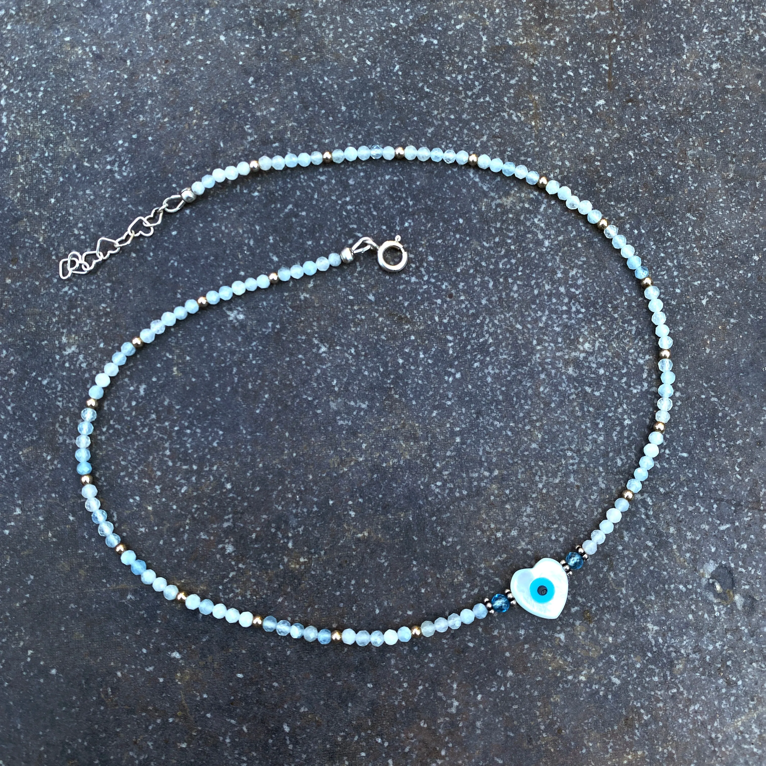 Evil Eye Heart with Aquamarine & Blue Topaz Gemstone necklace