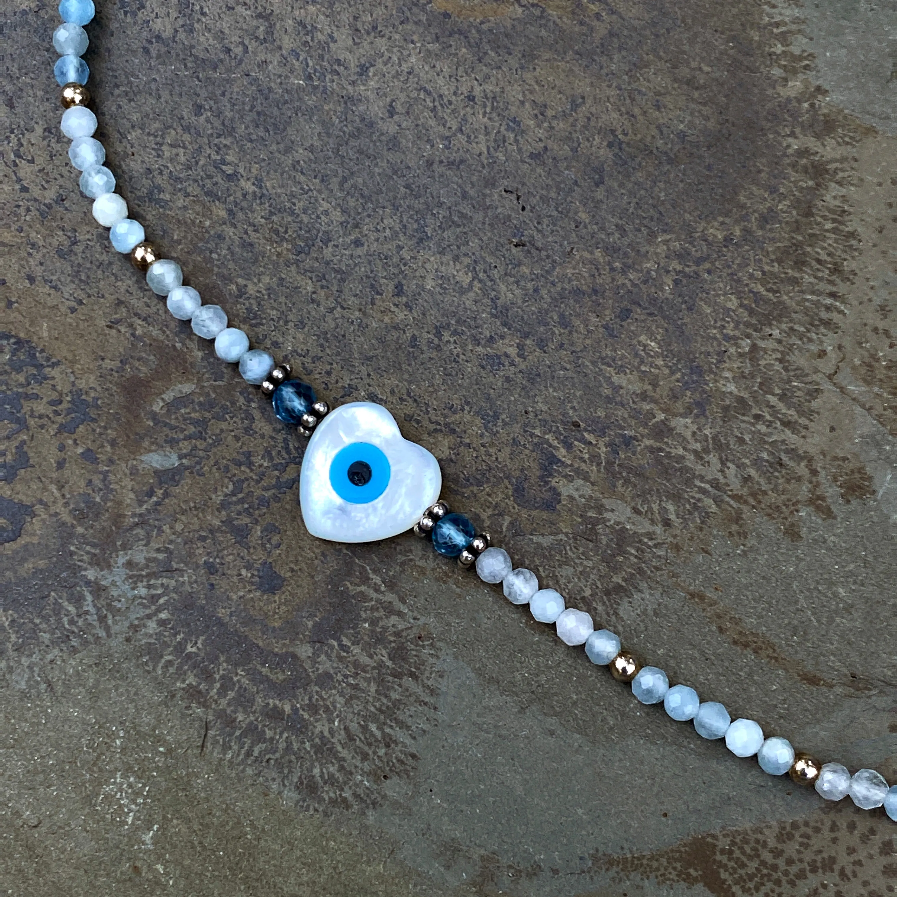 Evil Eye Heart with Aquamarine & Blue Topaz Gemstone necklace