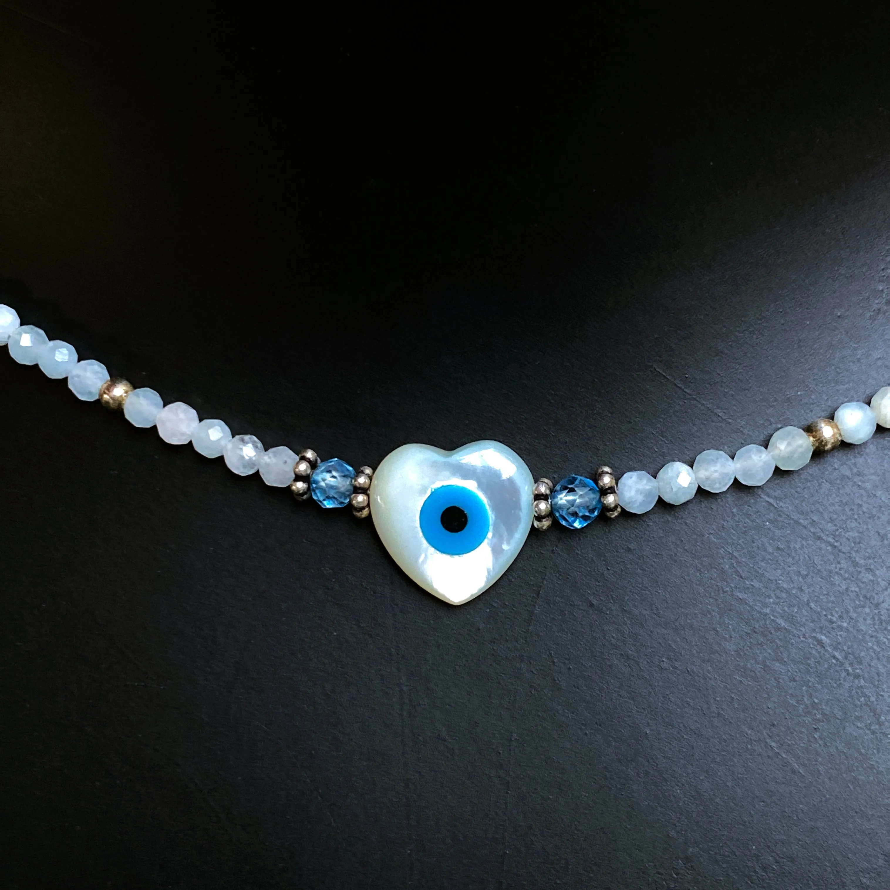 Evil Eye Heart with Aquamarine & Blue Topaz Gemstone necklace