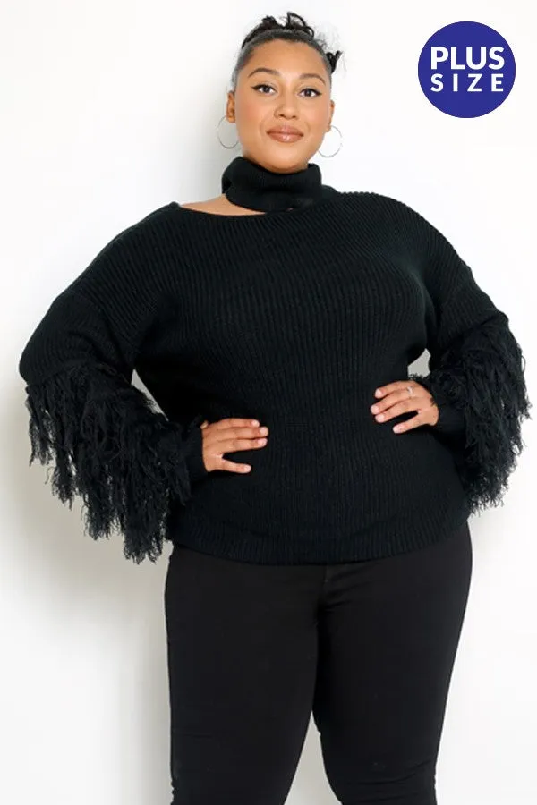 Fancy And Free Black Fringe Sleeve Sweater - PLUS