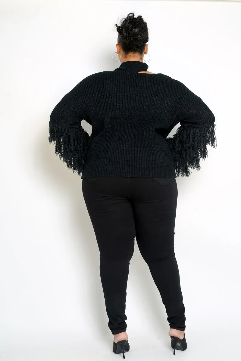 Fancy And Free Black Fringe Sleeve Sweater - PLUS