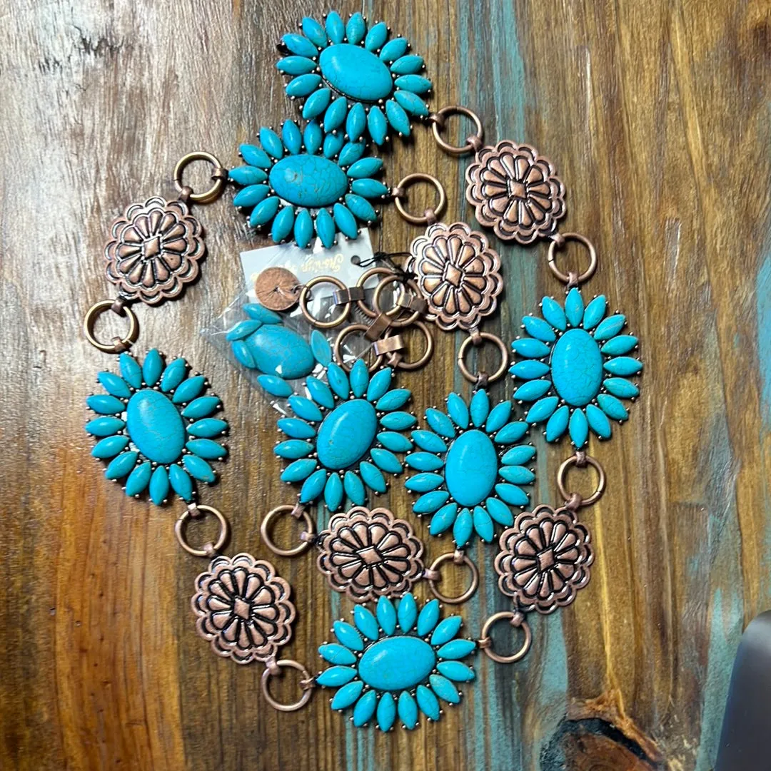 FOREVER CHASING COWBOYS COPPER TURQUOISE FLORAL CONCHO LINK BELT