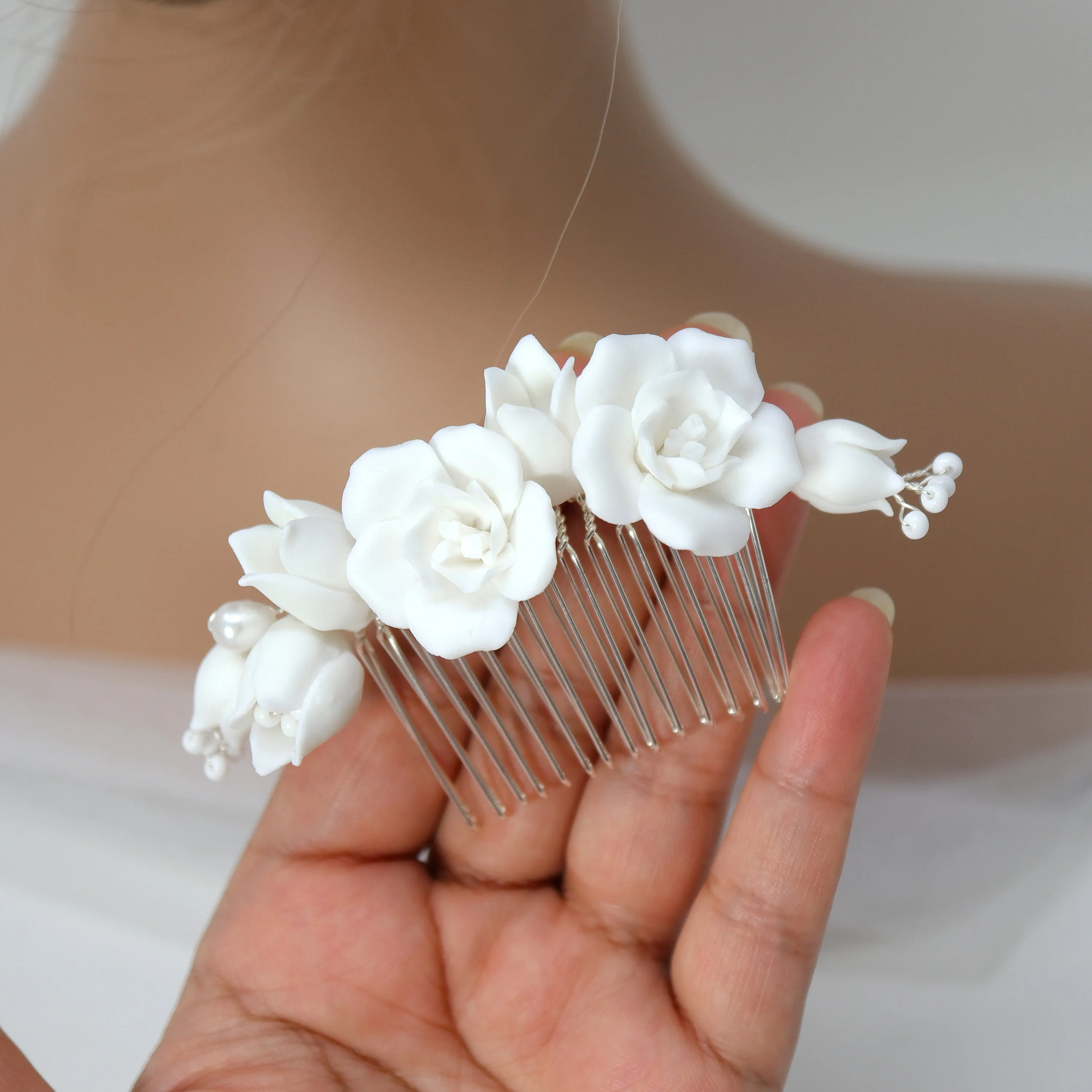 Freshwater Pearl Dusted White Rose And Lily Blossom Hair comb, Bridal Hair piece, Bridal Hair Accessories, Wedding Hair Accessory.