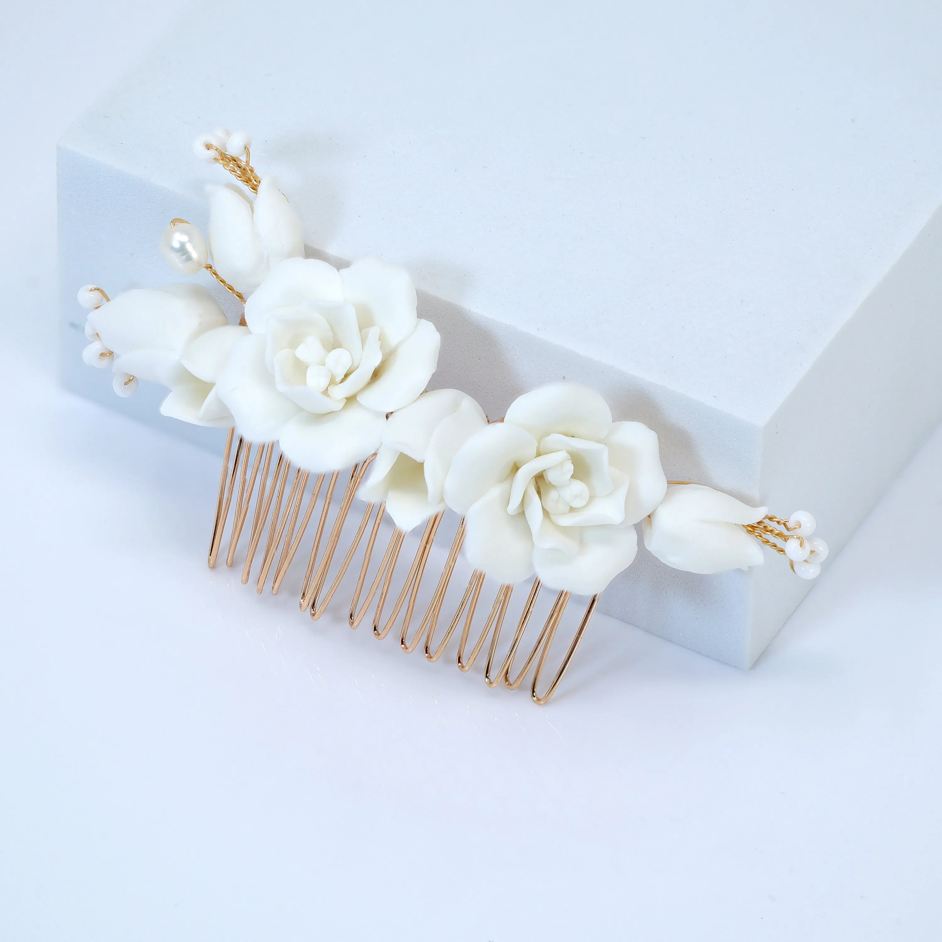 Freshwater Pearl Dusted White Rose And Lily Blossom Hair comb, Bridal Hair piece, Bridal Hair Accessories, Wedding Hair Accessory.