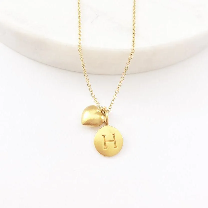 Gold Initial & Puffed Heart Charm Necklace