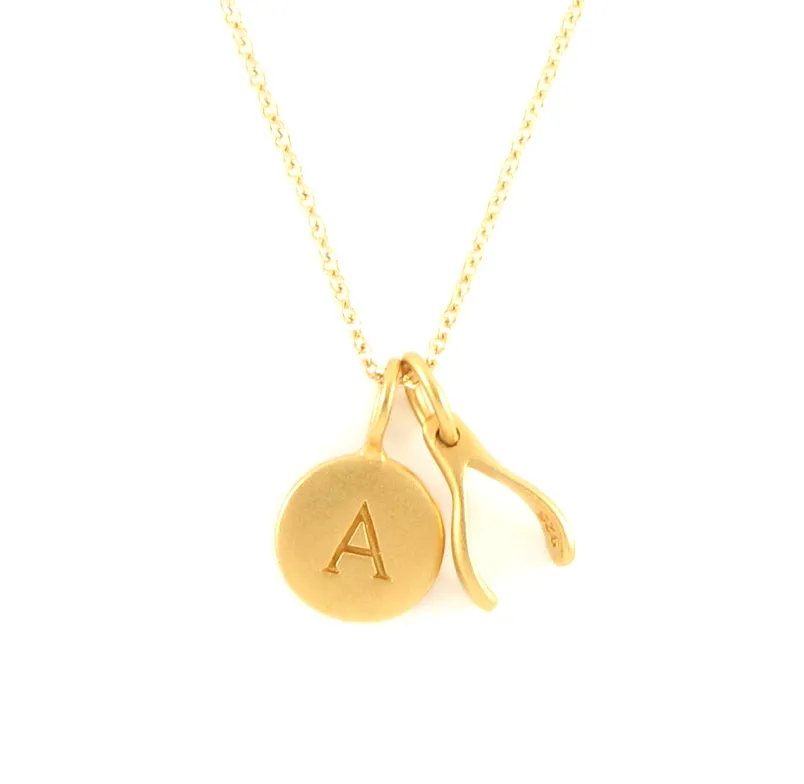 Gold Initial & Wishbone Charm Necklace