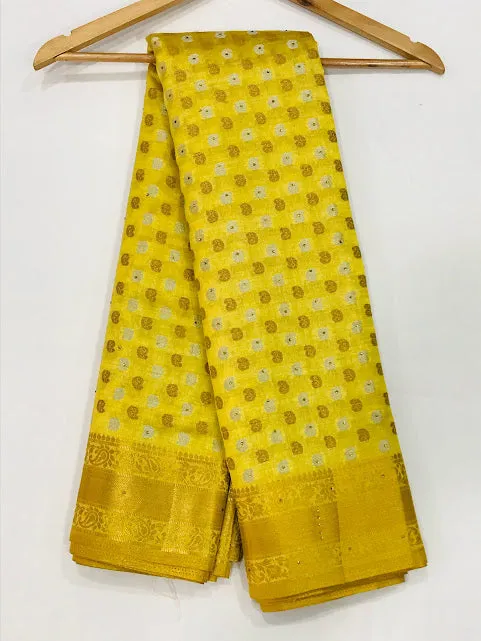 Gorgeous Yellow Color With Contrast Golden Pallu Silk Cotton Saree For Women