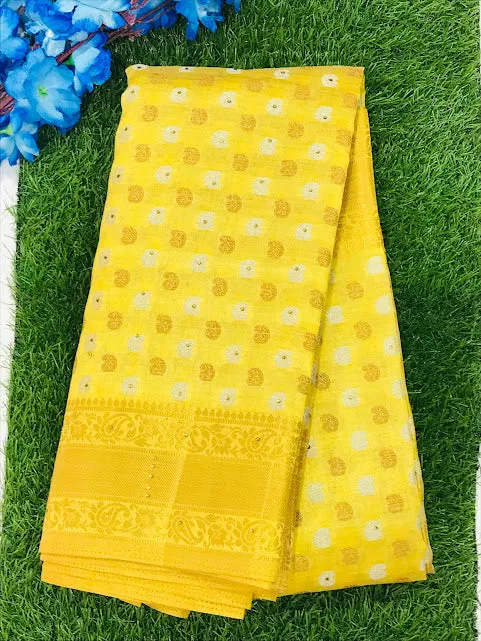 Gorgeous Yellow Color With Contrast Golden Pallu Silk Cotton Saree For Women