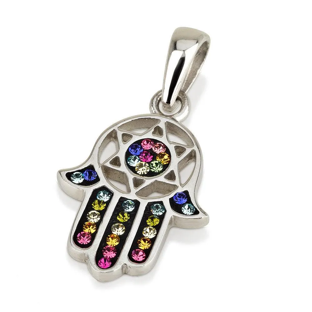 Hamsa Silver Pendant With Multi Color Gemstones   925 Sterling Silver Chain #20