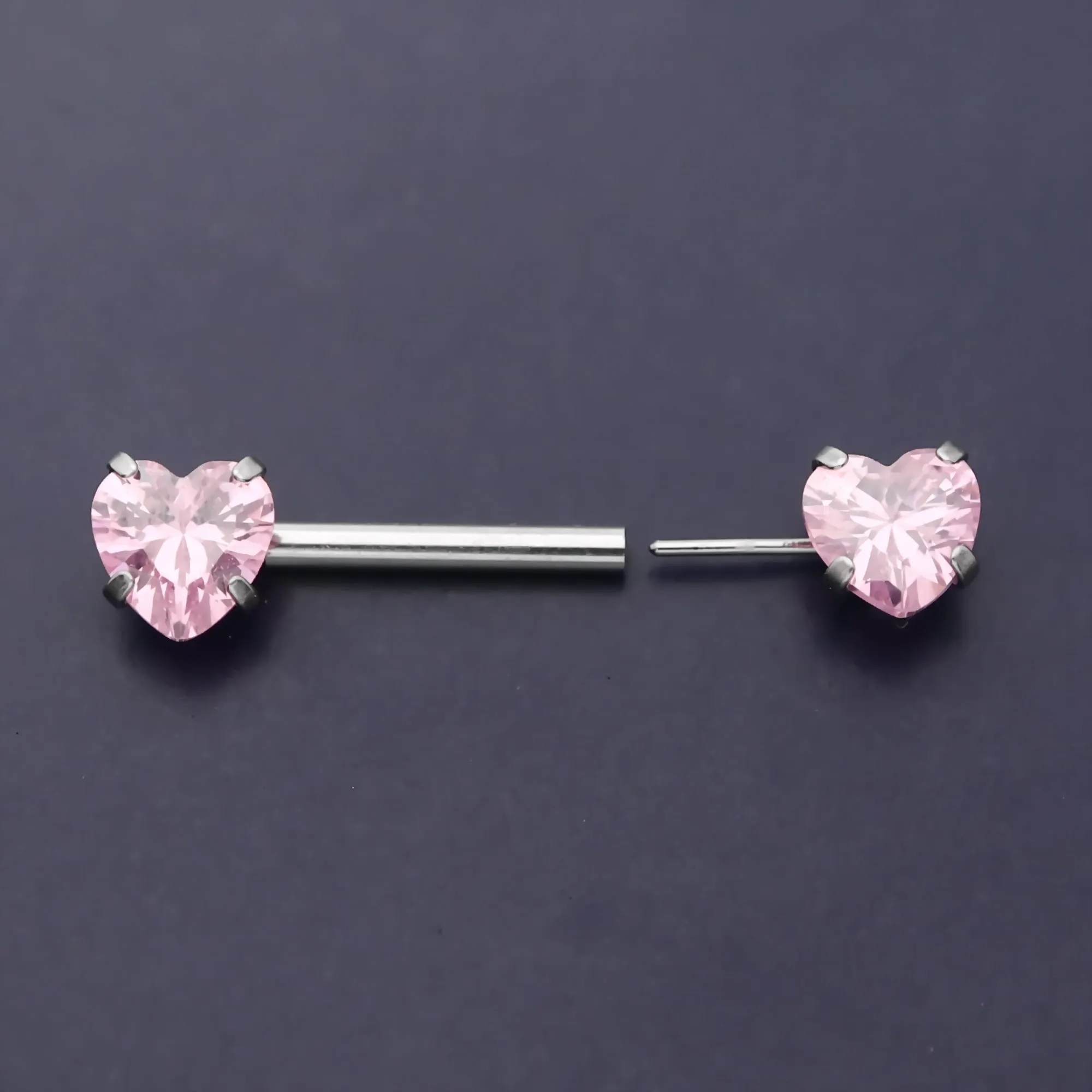 Heart CZ Ends Push in Nipple Barbell - Pink