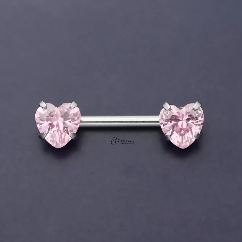 Heart CZ Ends Push in Nipple Barbell - Pink