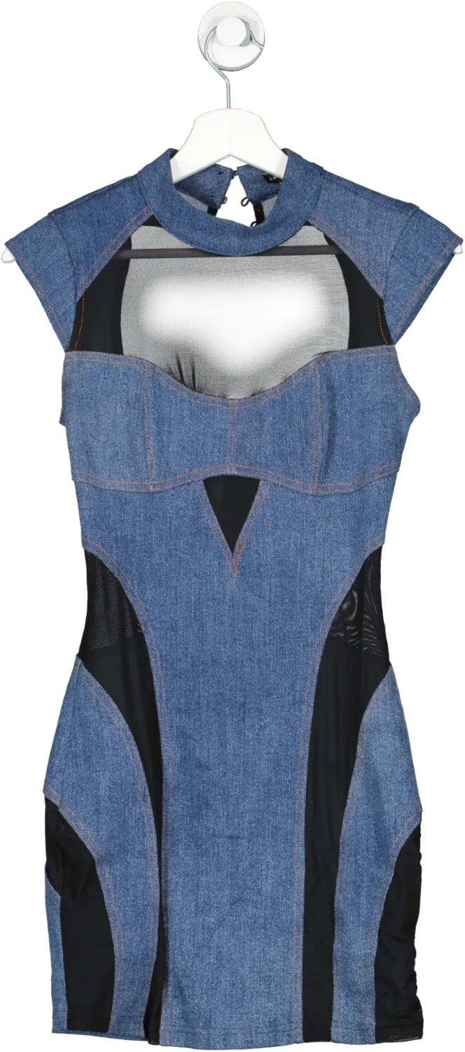 Karen Millen Blue Stretch Denim And Mesh Panelled Mini Dress UK XS