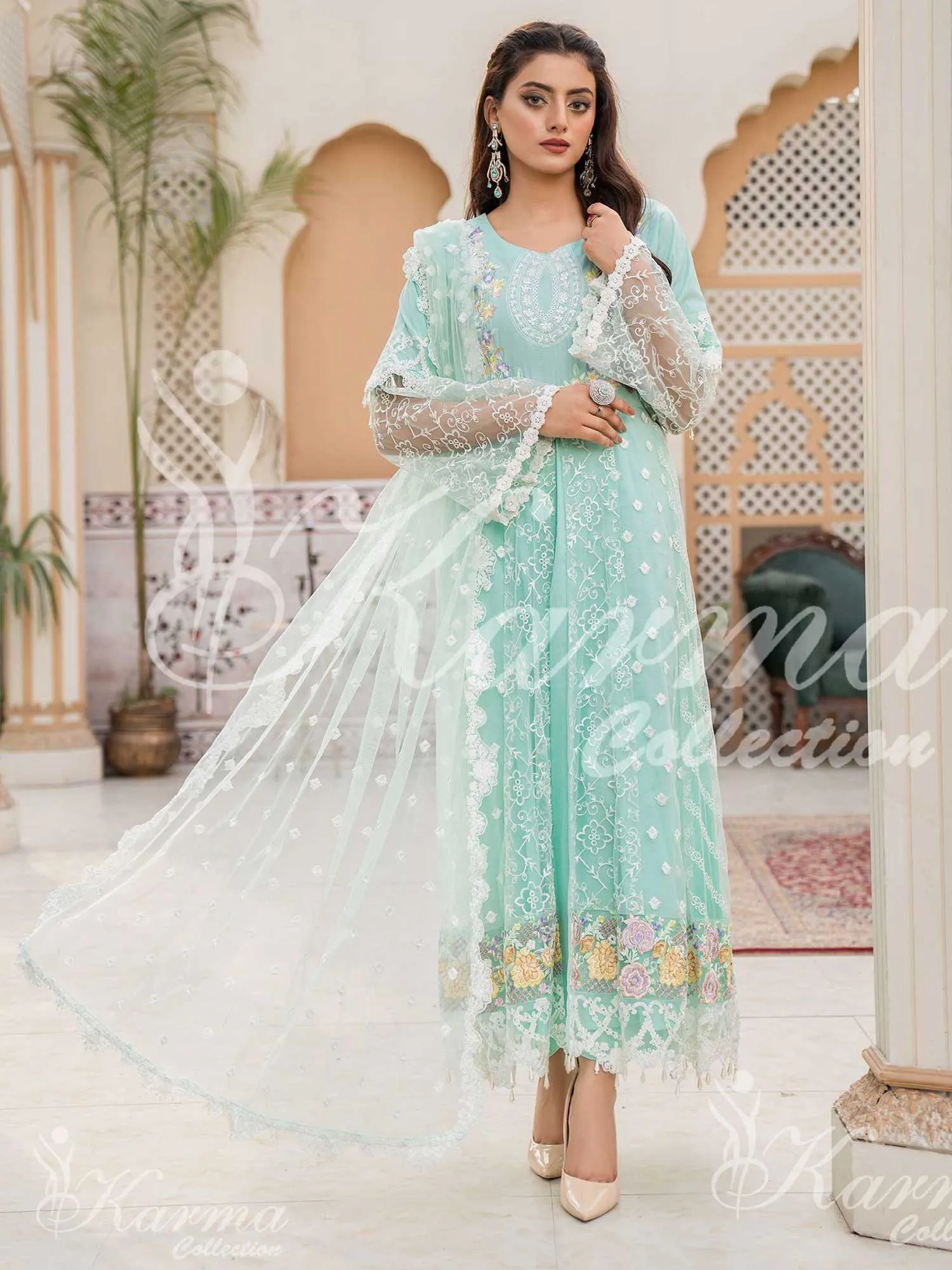 Karma Collection Aqua Cotton & Net Long Gown Frock (1292)