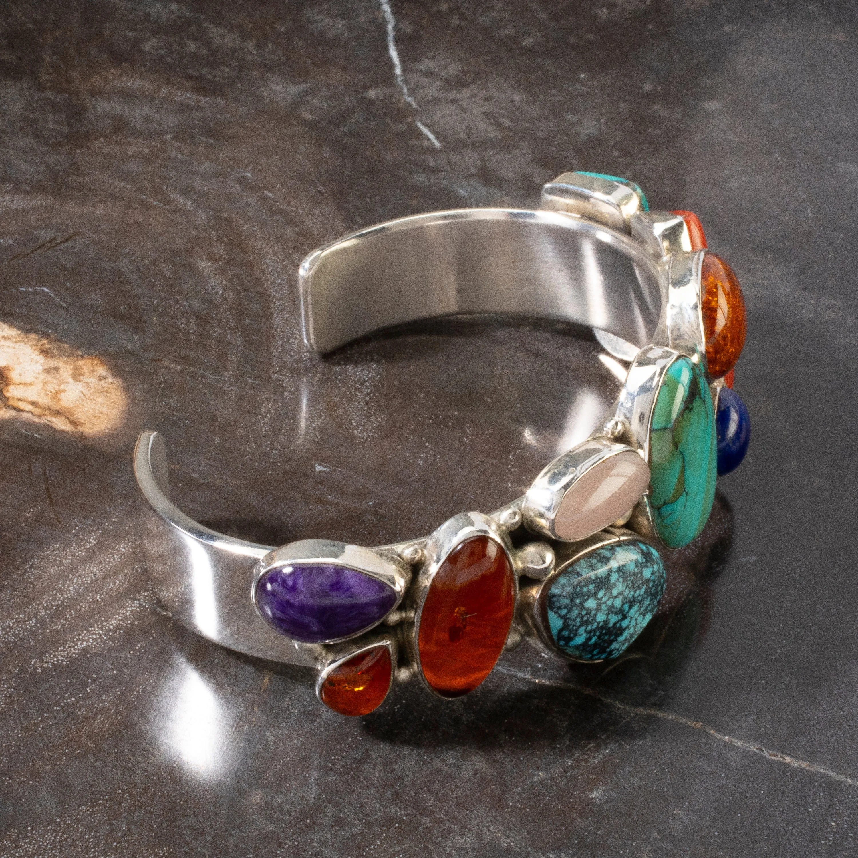 L. Sheka Genuine Turquoise, Amber, Lapis, Rose Quartz, Coral, & Charoite USA Native American Made 925 Sterling Silver Cuff