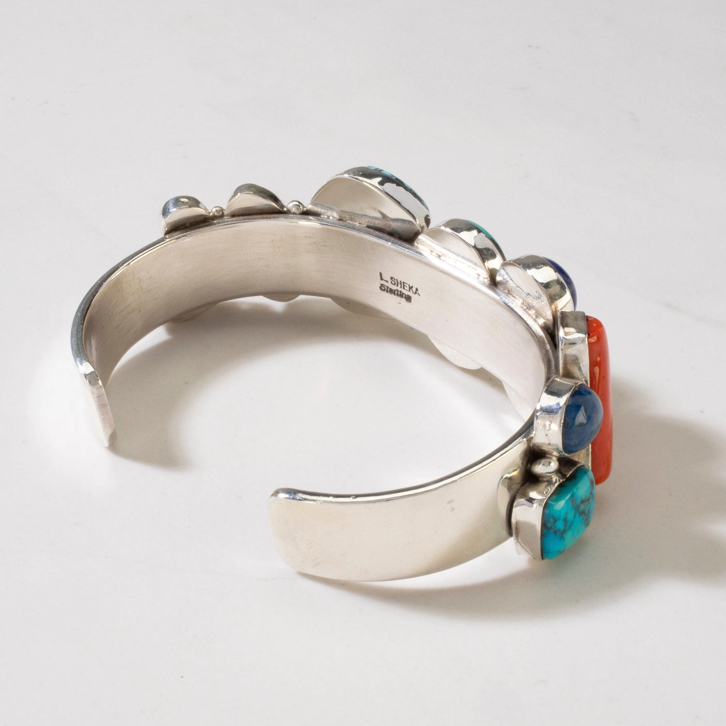 L. Sheka Genuine Turquoise, Amber, Lapis, Rose Quartz, Coral, & Charoite USA Native American Made 925 Sterling Silver Cuff