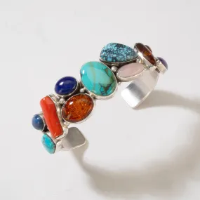 L. Sheka Genuine Turquoise, Amber, Lapis, Rose Quartz, Coral, & Charoite USA Native American Made 925 Sterling Silver Cuff