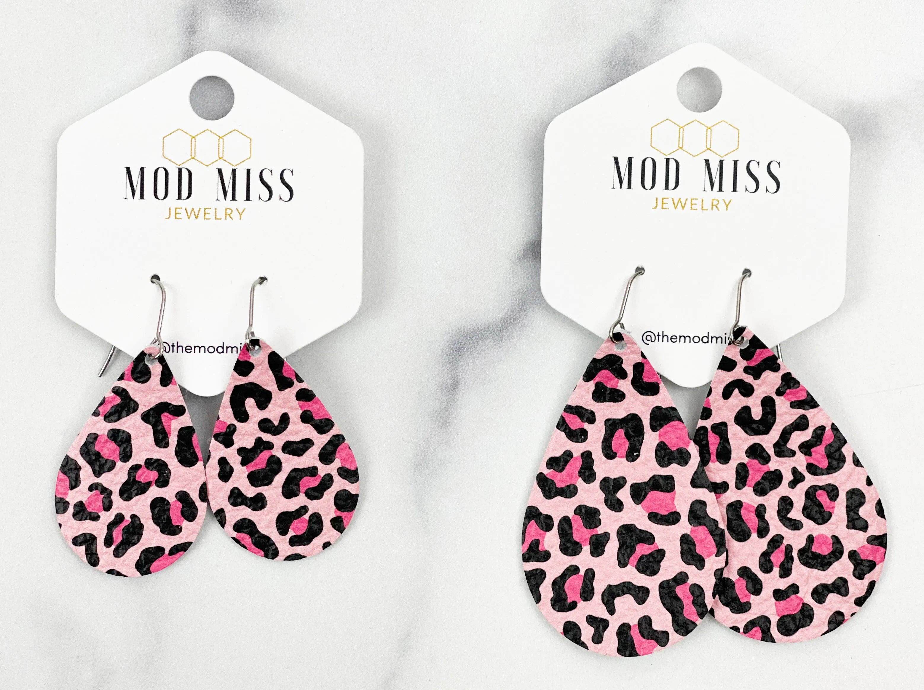 Leather Teardrop Earring Leopard Pink&Black