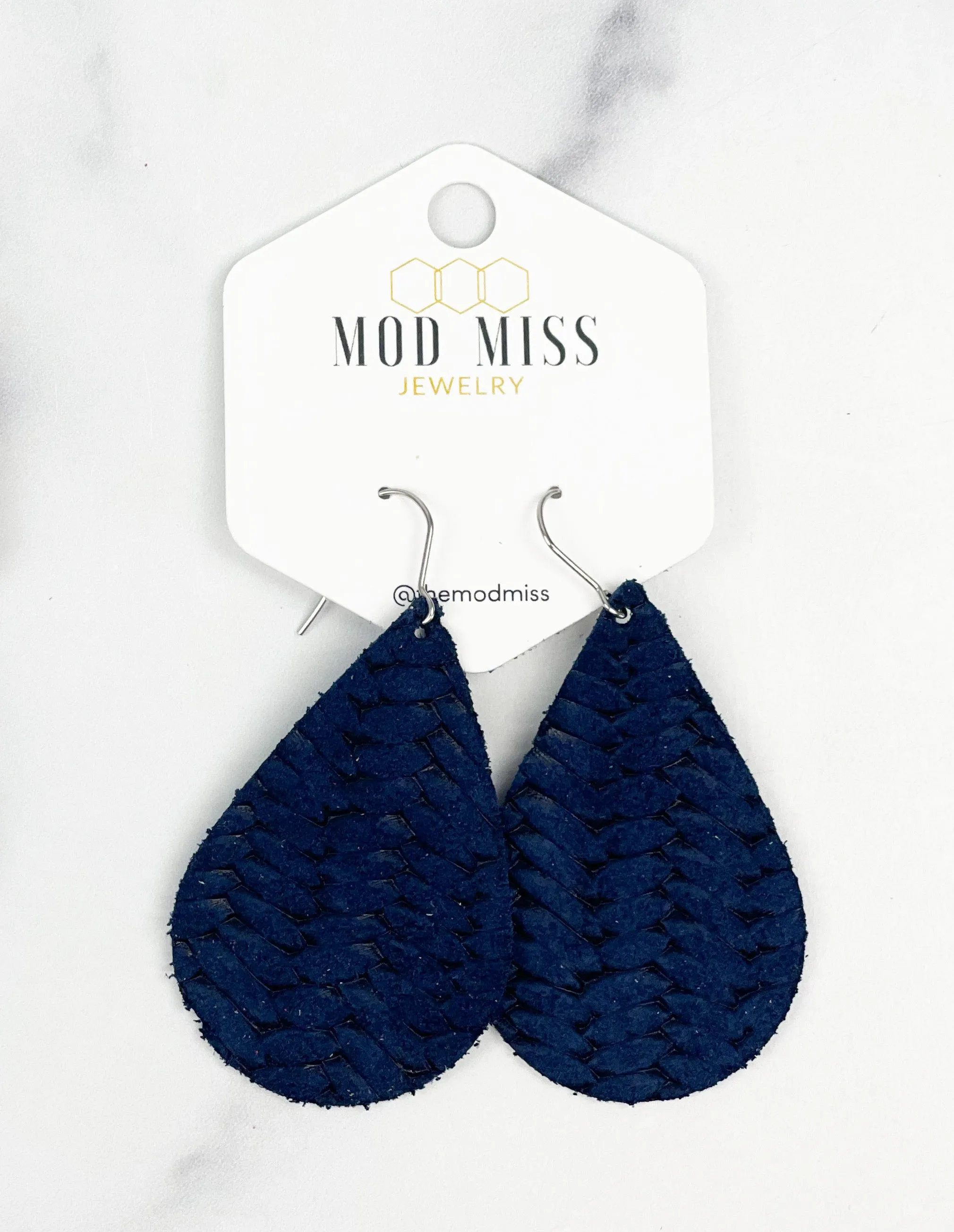 Leather Teardrop Earring Weaved Navy