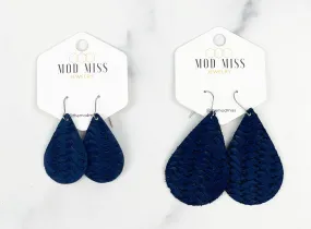 Leather Teardrop Earring Weaved Navy